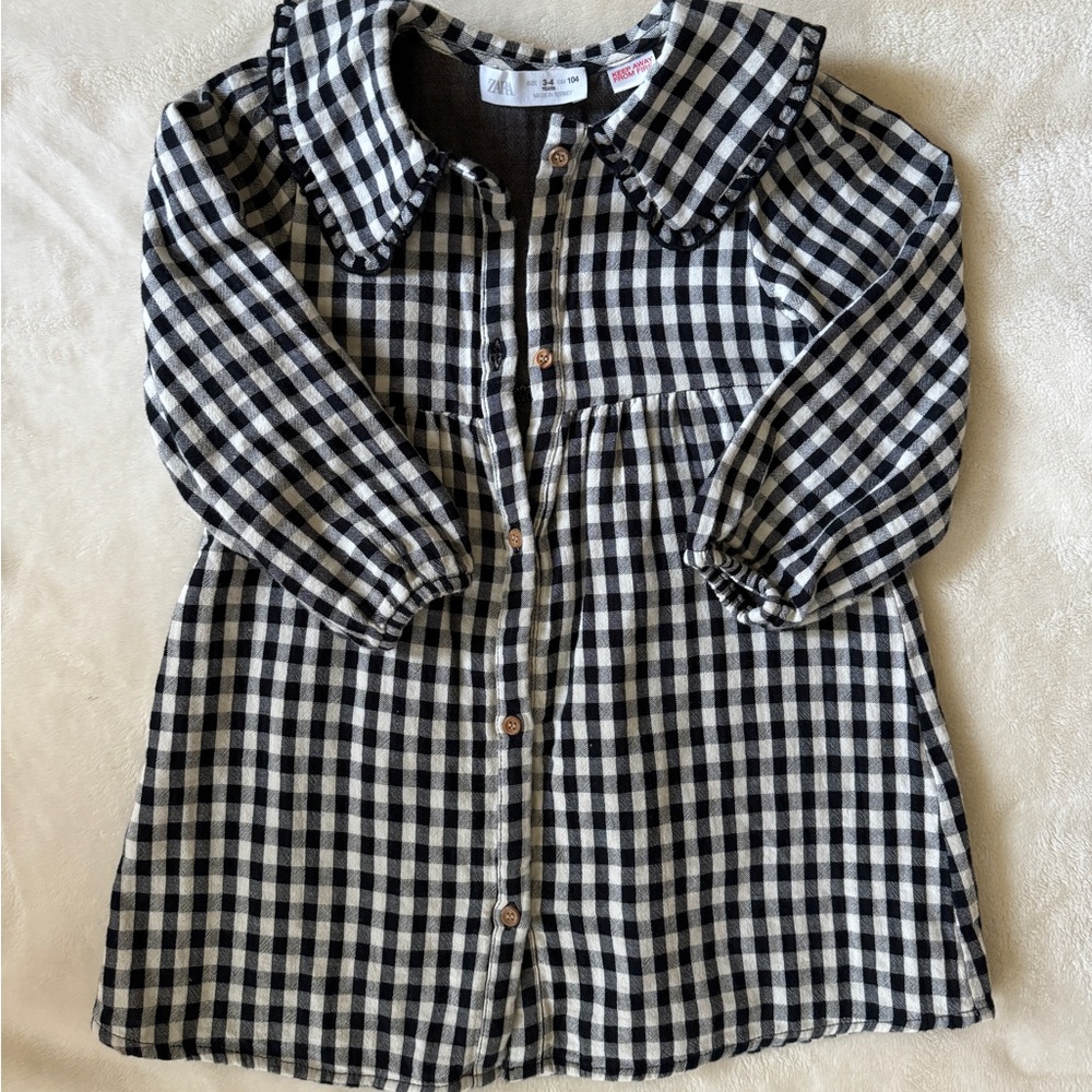 Girls Zara Gingham Black Dress Size 3-4